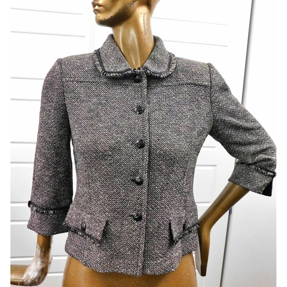 St John Collection Black White Tweed Chain Fringe‎ Jacket USA sz 8